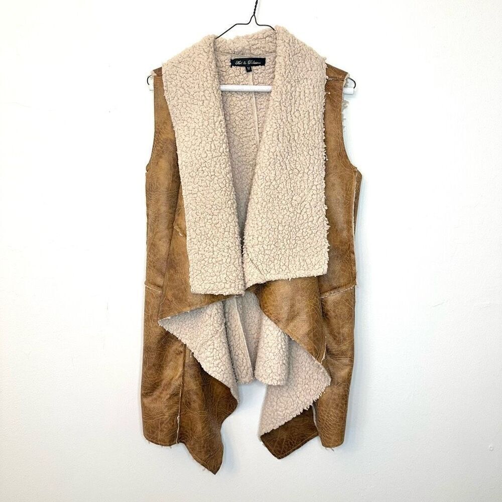 Hot and Delicious Faux Leather Waterfall Front Sherpa Lined Vest Brown Medium